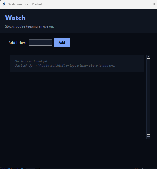 Tired Market Watch screen for organizing securities under research